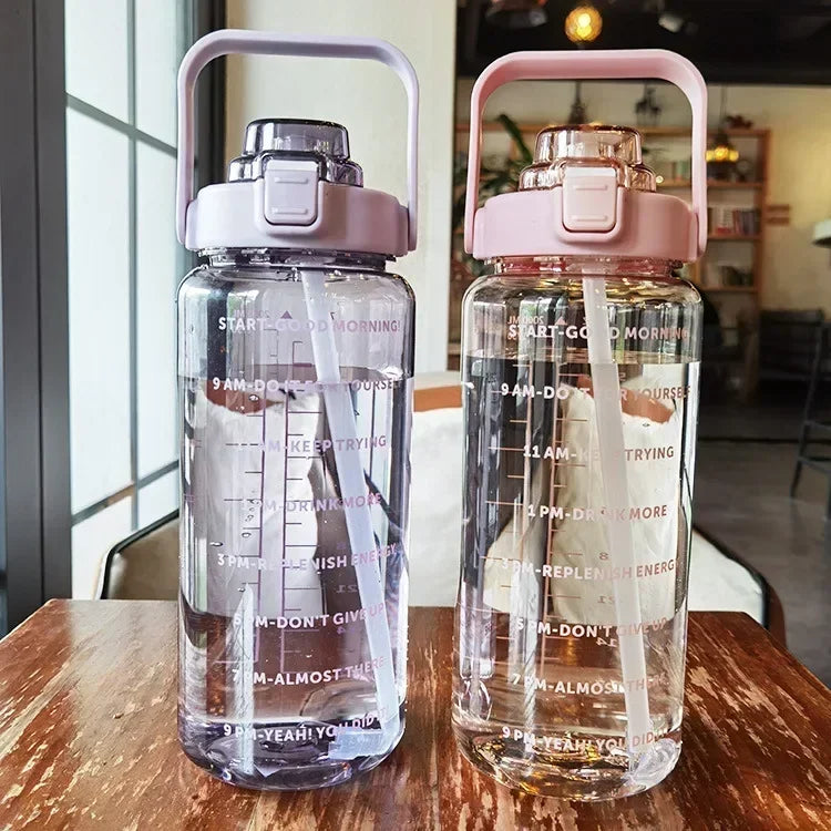 2L Water Bottle Portable Straw Plastic Water Cup for Outdoor Sports Fitness Adult High Value Big Fat Cup with Time Marker