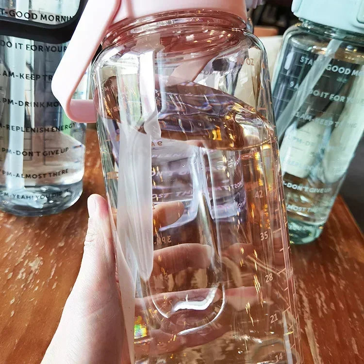 2L Water Bottle Portable Straw Plastic Water Cup for Outdoor Sports Fitness Adult High Value Big Fat Cup with Time Marker