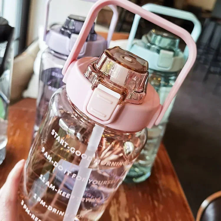 2L Water Bottle Portable Straw Plastic Water Cup for Outdoor Sports Fitness Adult High Value Big Fat Cup with Time Marker