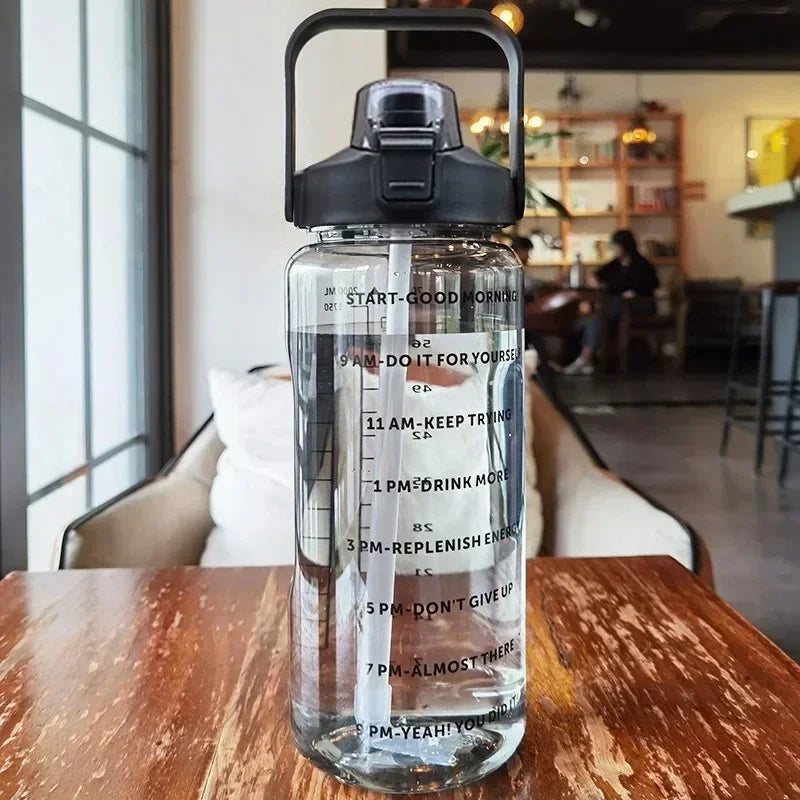 2L Water Bottle Portable Straw Plastic Water Cup for Outdoor Sports Fitness Adult High Value Big Fat Cup with Time Marker