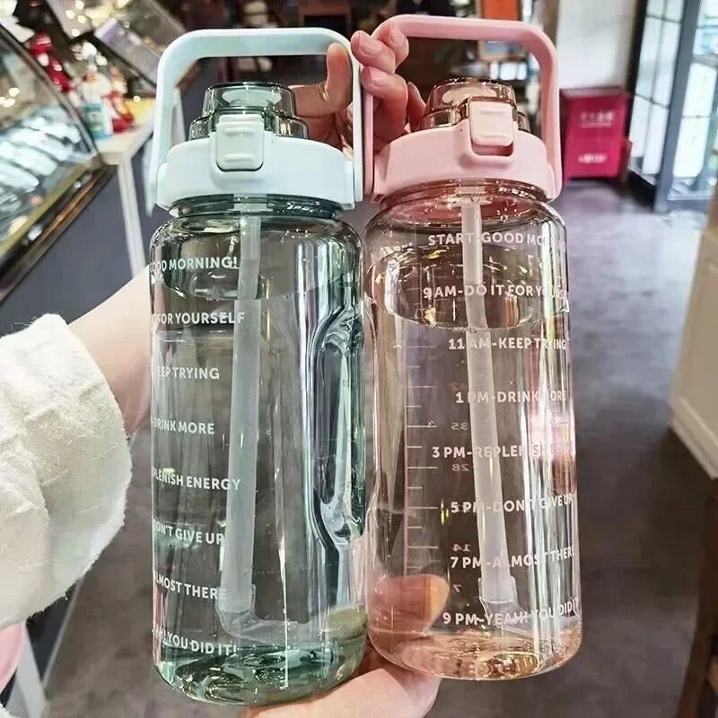 2L Water Bottle Portable Straw Plastic Water Cup for Outdoor Sports Fitness Adult High Value Big Fat Cup with Time Marker